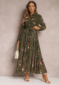 Renee - Ciemnozielona Sukienka Plisowana w Kwiaty Emiranda. Kolor: zielony. Materiał: tkanina. Wzór: kwiaty #4