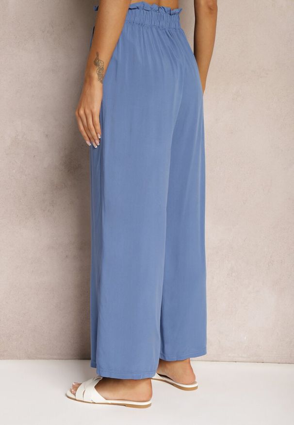Renee - Niebieskie Spodnie Palazzo High Waist z Bawełny Wykończone Gumką w Talii Nellsea. Okazja: na co dzień. Stan: podwyższony. Kolor: niebieski. Materiał: bawełna. Styl: elegancki, casual