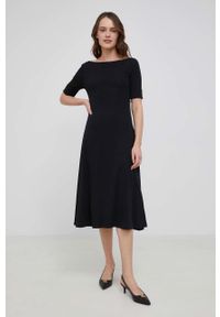 Lauren Ralph Lauren sukienka kolor czarny midi rozkloszowana. Kolor: czarny. Materiał: dzianina. Długość rękawa: krótki rękaw. Wzór: gładki. Typ sukienki: rozkloszowane. Długość: midi #6