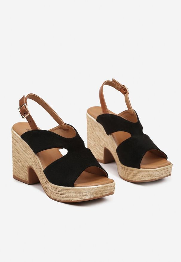Born2be - Czarne Sandały Boho z Paskiem z Ekozamszu na Słupku z Platformą Effias. Okazja: na spotkanie biznesowe. Zapięcie: pasek. Kolor: czarny. Materiał: len. Obcas: na platformie. Styl: boho