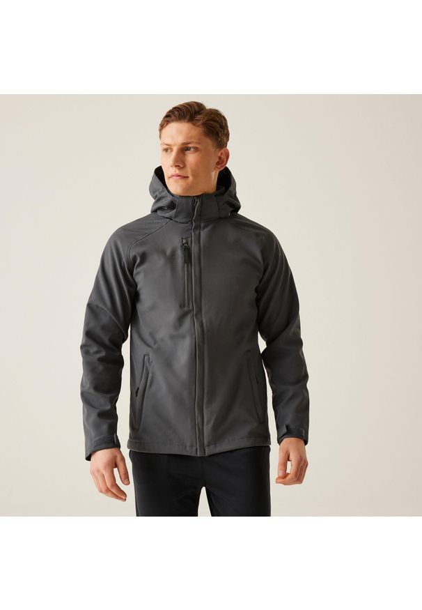 Regatta - Męska kurtka z kapturem z podszewką softshell z odstraszaczem. Typ kołnierza: kaptur. Kolor: szary. Materiał: softshell. Sport: turystyka piesza