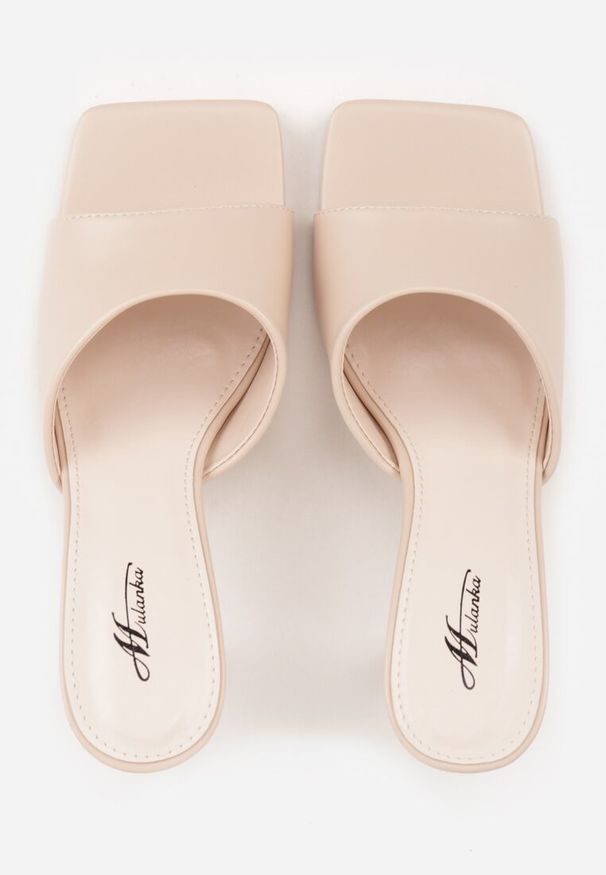 Renee - Beżowe Klapki na Szpilce z Kwadratowym Noskiem Peep Toe Avenata. Okazja: na co dzień, na randkę. Nosek buta: otwarty. Kolor: beżowy. Materiał: jeans, skóra, koronka. Obcas: na szpilce. Styl: casual