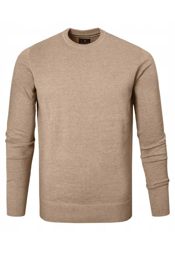 Bawełniany Sweter Męski, Okrągły Dekolt - Pako Jeans - Beżowy. Kolor: brązowy, wielokolorowy, beżowy. Materiał: bawełna. Styl: klasyczny, elegancki