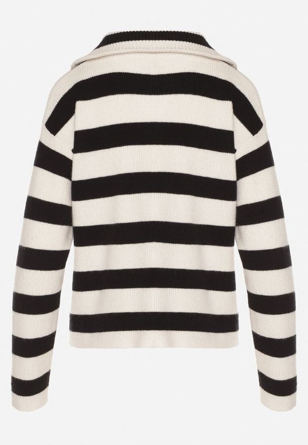 Born2be - Czarno-Biały Sweter w Paski Ozdobiony Suwakiem Amerra. Okazja: do pracy, na co dzień, na spotkanie biznesowe. Kolor: czarny. Materiał: jeans. Wzór: paski, aplikacja. Styl: casual, biznesowy