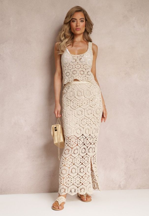 Renee - Beżowa Spódnica Maxi z Szydełkowej Tkaniny Jeslira. Okazja: na co dzień. Kolor: beżowy. Materiał: tkanina. Długość: krótkie. Styl: casual