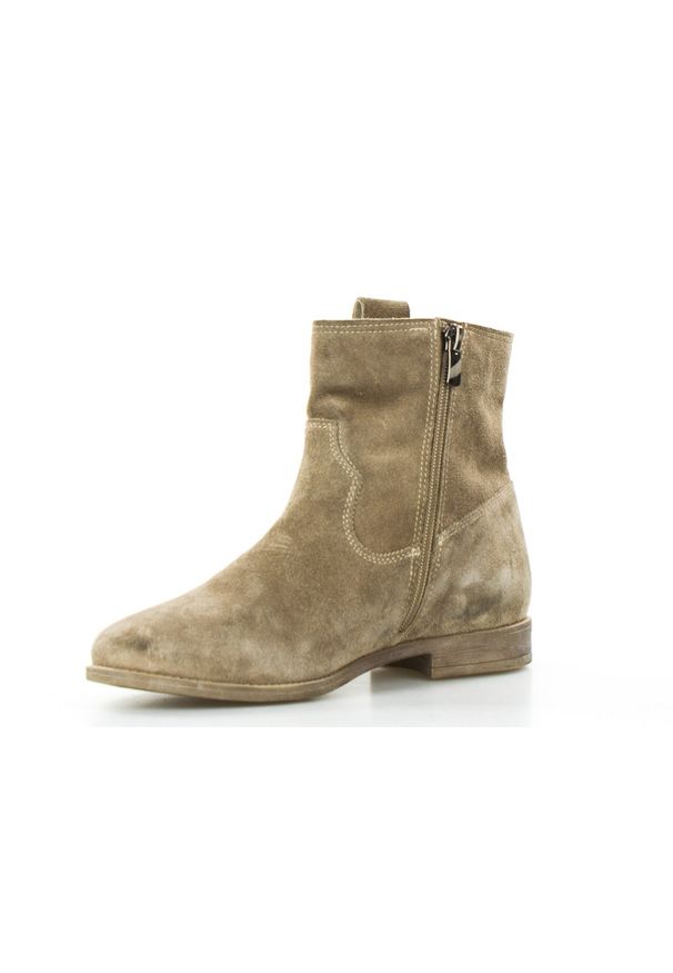 Inna - Botki kowbojki skórzane welurowe płaskie taupe Sempre. Materiał: welur, skóra. Obcas: na obcasie. Styl: elegancki, klasyczny