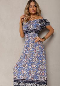 Renee - Niebieska Sukienka z Bawełny z Gumką w Pasie i Wiązaniem przy Dekolcie Hiletta. Okazja: na co dzień. Kolor: niebieski. Materiał: bawełna. Styl: casual