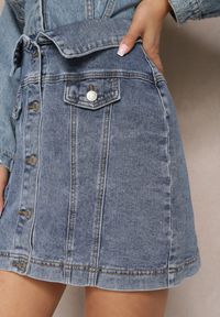 Renee - Granatowa Jeansowa Spódnica Mini z Wysoką Talią Paper Bag i Guzikami Tirhela. Okazja: do pracy. Stan: podwyższony. Kolor: niebieski. Materiał: jeans #3