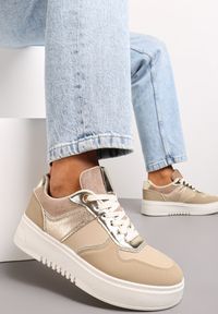 Renee - Ciemnobeżowe Sneakersy na Grubej Podeszwie Pascova. Kolor: beżowy. Materiał: jeans #1