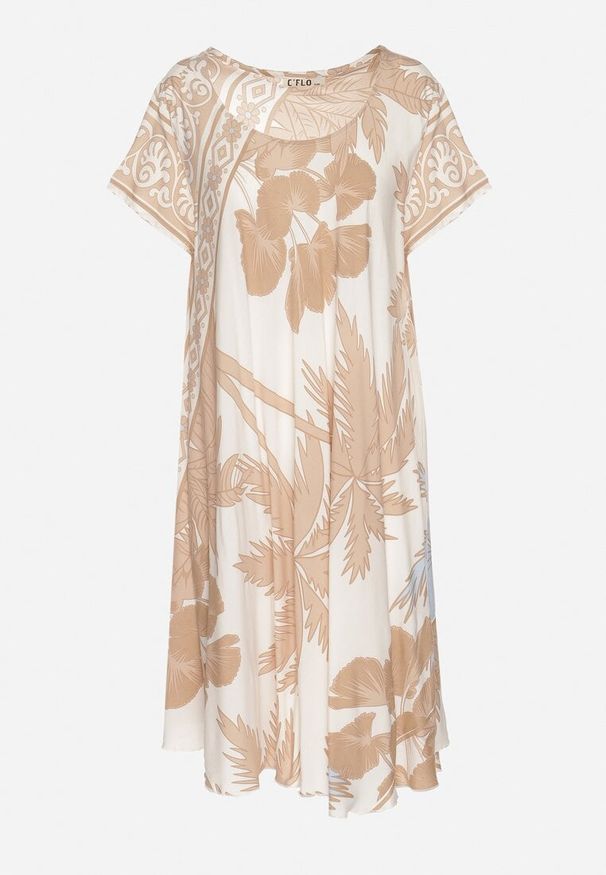 Born2be - Beżowa Sukienka z Wiskozy o Rozkloszowanym Kroju w Roślinny Wzór Miratiela. Okazja: na co dzień. Kolor: beżowy. Materiał: wiskoza. Długość rękawa: krótki rękaw. Sezon: wiosna, lato. Styl: casual, elegancki