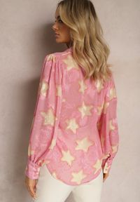 Renee - Różowa Transparentna Koszula w Gwiazdy z Luźnymi Rękawami Aicinema. Kolor: różowy