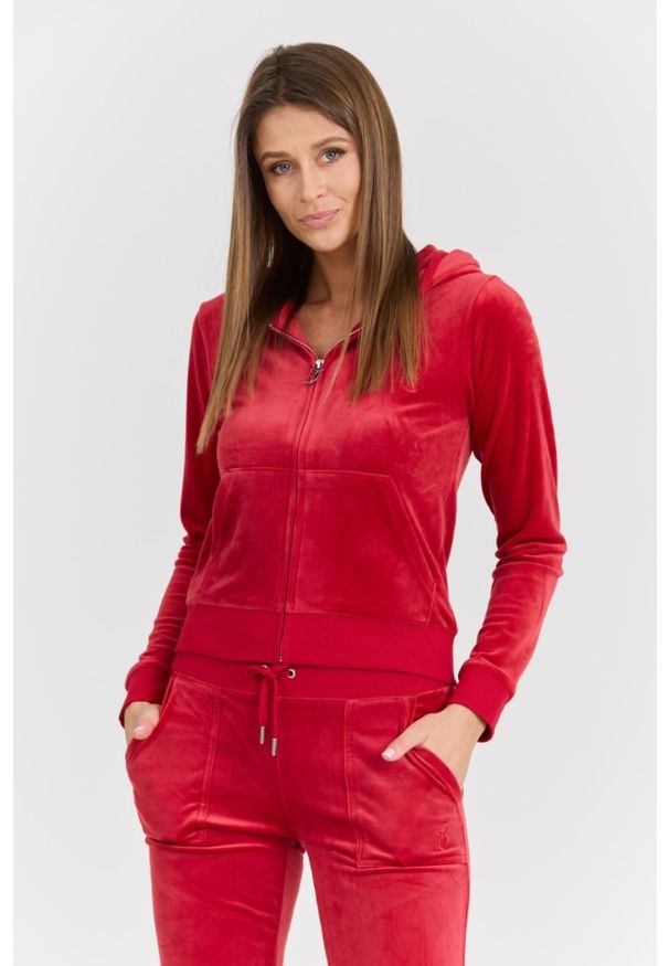 Juicy Couture - JUICY COUTURE Damska czerwona bluza Robertson Class, Rozmiar M. Typ kołnierza: kaptur. Kolor: czerwony. Materiał: poliester, elastan, materiał