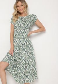 Born2be - Zielona Sukienka z Bawełną i Bufiastymi Rękawami Revilee. Okazja: na spacer, na co dzień. Kolor: zielony. Materiał: bawełna. Wzór: aplikacja. Styl: elegancki, casual #3
