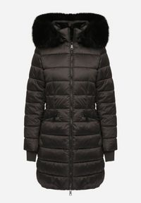 Born2be - Czarna Kurtka Pikowana o Długim Fasonie z Odpinanym Kapturem i Futerkiem Deliora. Okazja: na co dzień. Kolor: czarny. Materiał: futro. Długość: długie. Wzór: aplikacja. Styl: klasyczny, casual, elegancki #2