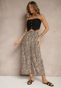 Renee - Czarno-Beżowe Spodnie Wide Leg z Gumką w Talii w Panterkowy Wzór Filanira. Okazja: na co dzień. Kolor: czarny. Styl: elegancki, casual