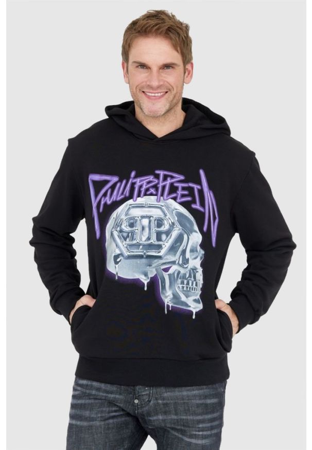 Philipp Plein - PHILIPP PLEIN Czarna bluza męska z kapturem skull, Rozmiar L. Typ kołnierza: kaptur. Kolor: czarny