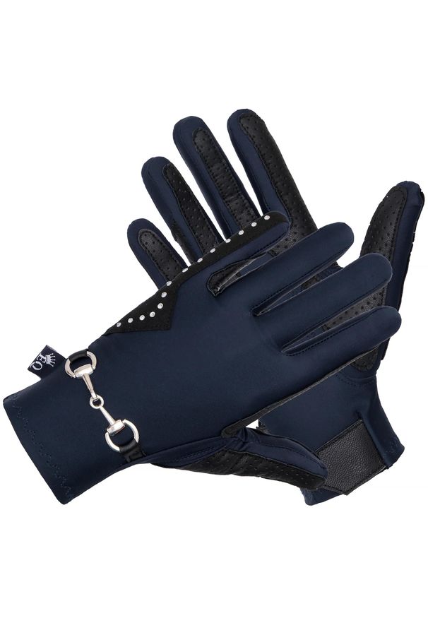 EQUESTRIAN QUEEN - Rękawiczki jeździeckie damskie EQ.QUEEN Trangan. Kolor: niebieski, wielokolorowy, czarny. Materiał: skóra, lycra, materiał. Wzór: aplikacja. Sport: jeździectwo