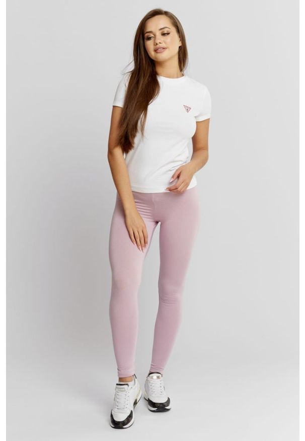Guess - GUESS Jasnoróżowe legginsy damskie z marszczeniem. Kolor: różowy. Materiał: wiskoza