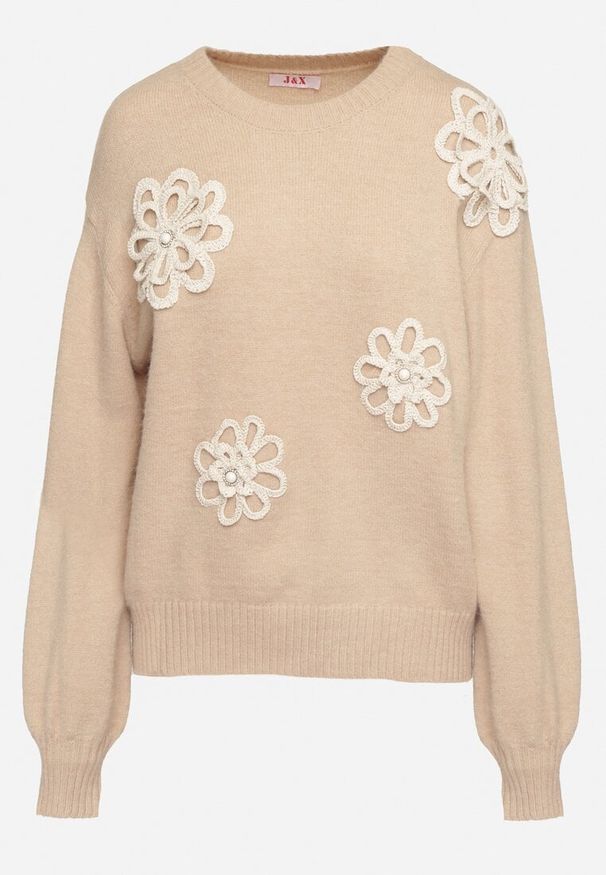 Born2be - Beżowy Sweter z Bawełną i Aplikacjami Kwiatów 3D Erosavia. Okazja: na co dzień. Kolor: beżowy. Materiał: bawełna. Wzór: aplikacja, kwiaty. Styl: casual, elegancki