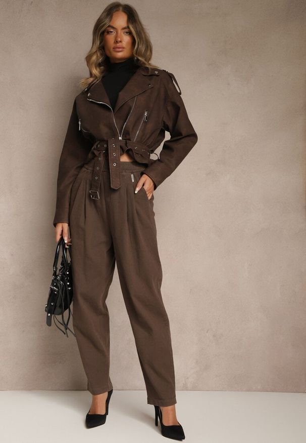 Renee - Brązowe Spodnie High Waist z Bawełny o Szerokim Kroju Nalitia. Okazja: na co dzień. Stan: podwyższony. Kolor: brązowy. Materiał: bawełna. Styl: casual