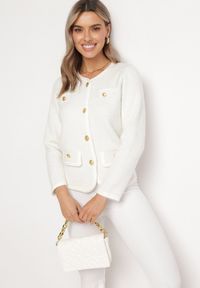 Born2be - Biały Kardigan z Wiskozy i Metaliczną Nitką Miijas. Kolor: biały. Materiał: wiskoza. Wzór: aplikacja #6