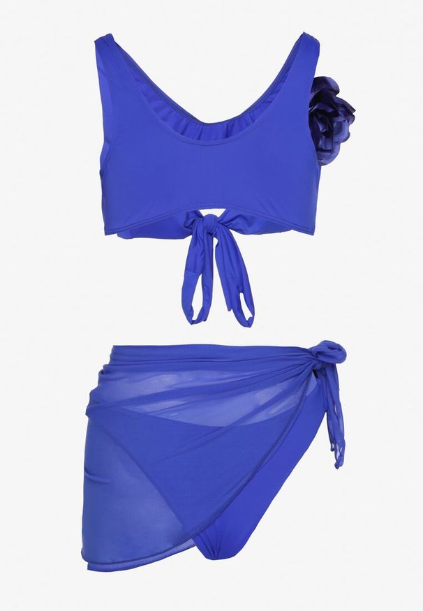 Renee - Niebieskie Bikini Majtki Figi Biustonosz z Broszką Kwiatu 3D i Siateczkowe Pareo Folissa. Kolor: niebieski. Wzór: kwiaty