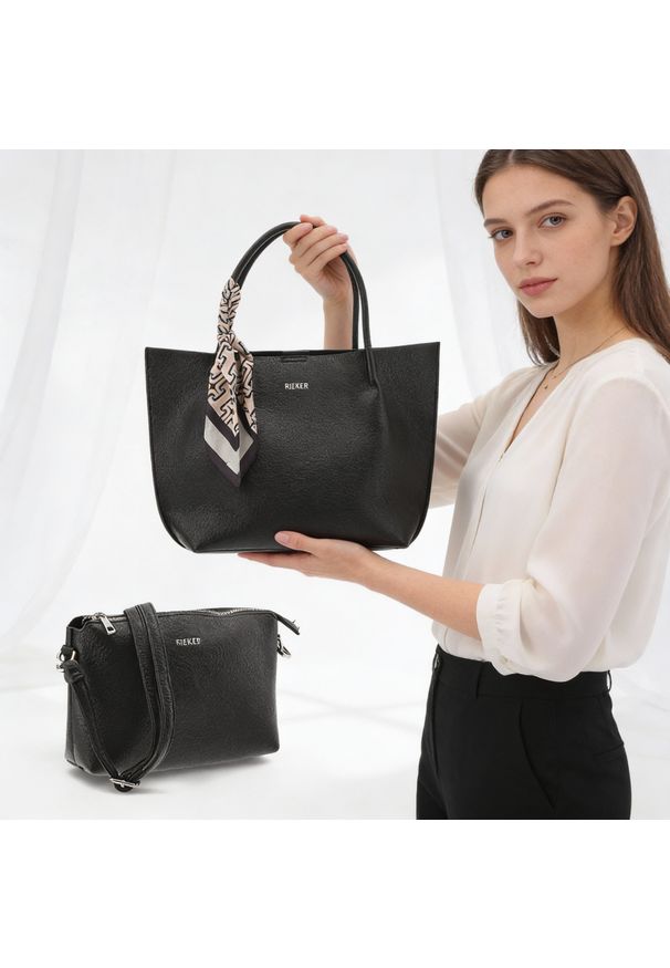 Torebka plus kosmetyczka damska Rieker, ze skóry ekologicznej o klasycznej formie z podwójnymi uchwytami i odpinanym paskiem praktyczna na co dzień i. Kolor: czarny. Materiał: skórzane. Styl: casual, klasyczny. Rodzaj torebki: na ramię