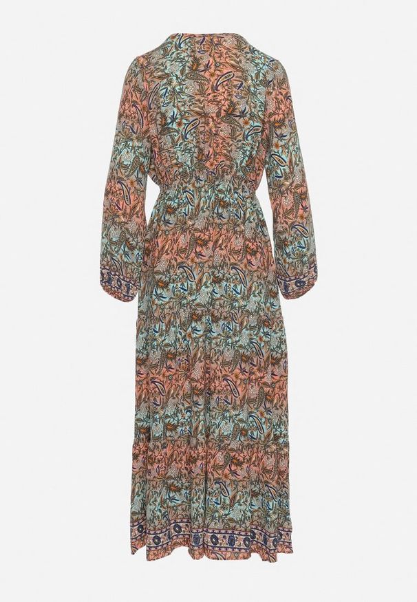 Born2be - Zielona Sukienka Rozkloszowana z Falbanką w Print Paisley Kapiss. Typ kołnierza: dekolt w kształcie V. Kolor: zielony. Długość rękawa: długi rękaw. Wzór: nadruk, paisley. Styl: elegancki, klasyczny