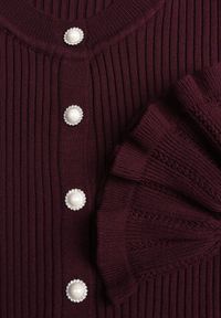 Renee - Bordowy Wiskozowy Kardigan w Prążki z Falbankami i Guzikami z Cyrkoniami Danareia. Okazja: na co dzień, na imprezę. Typ kołnierza: kołnierz z falbankami. Kolor: czerwony. Materiał: wiskoza. Wzór: prążki. Styl: casual #3