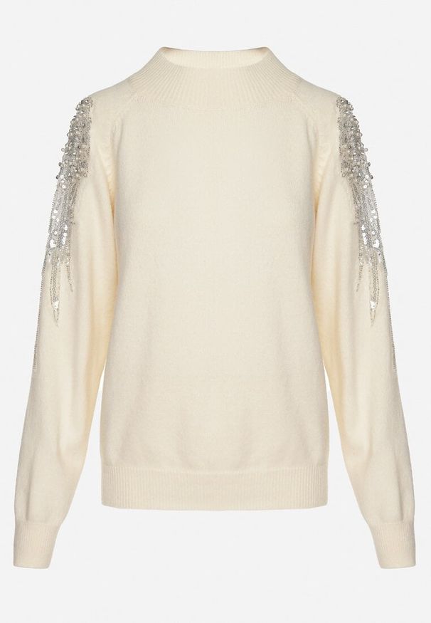 Born2be - Jasnobeżowy Sweter z Cyrkoniami Perłami i Cekinami Nevalitha. Okazja: na spotkanie biznesowe, do pracy, na co dzień. Kolor: beżowy. Materiał: jeans. Wzór: aplikacja. Styl: elegancki, biznesowy, klasyczny, casual