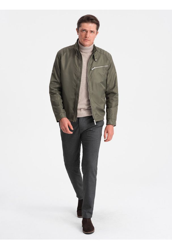 Ombre Clothing - Kurtka męska biker - khaki V1 - Rozmiar: XXL. Kolor: brązowy. Materiał: poliester