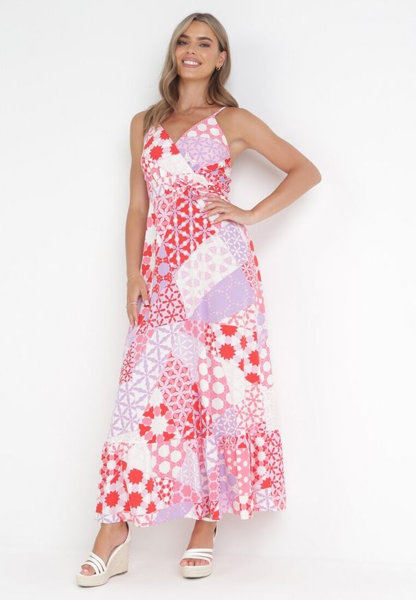 Born2be - Różowa Sukienka Maxi na Ramiączkach w Fantazyjny Nadruk Erlavi. Kolor: różowy. Długość rękawa: na ramiączkach. Wzór: nadruk. Długość: maxi
