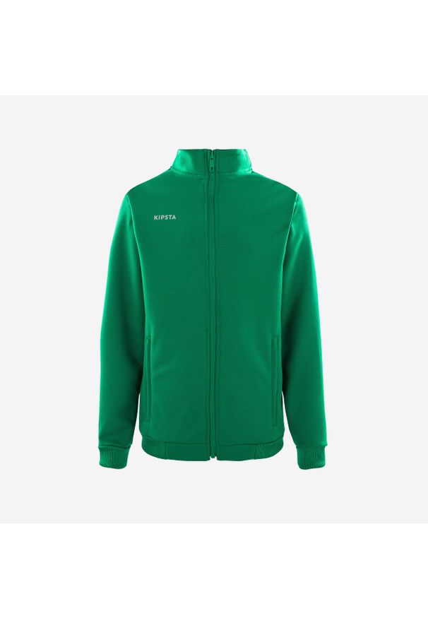 KIPSTA - Bluza treningowa do piłki nożnej dla dzieci Kipsta Essential. Typ kołnierza: komin. Kolor: zielony. Materiał: tkanina, elastan, prążkowany, materiał, poliester. Sport: fitness, piłka nożna
