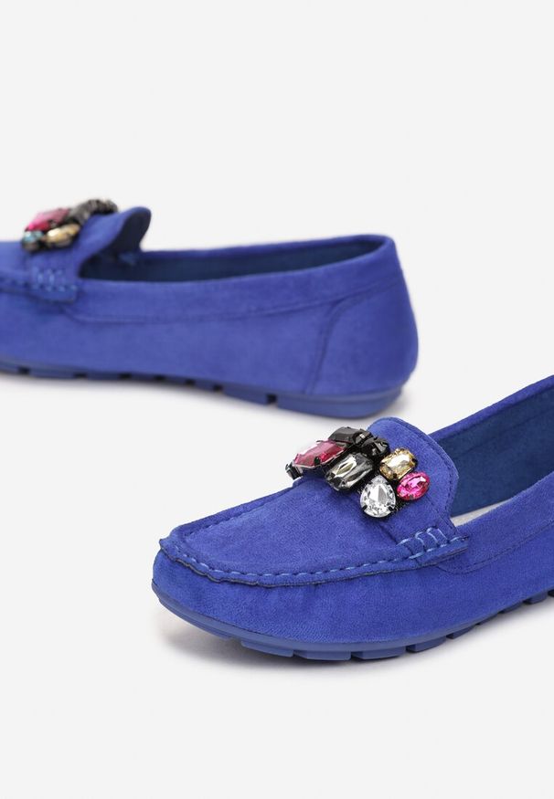Renee - Niebieskie Mokasyny z Wkładką ze Skóry Naturalnej Veso. Okazja: na co dzień. Kolor: niebieski. Materiał: skóra. Wzór: aplikacja. Obcas: na obcasie. Styl: elegancki, casual, klasyczny. Wysokość obcasa: niski