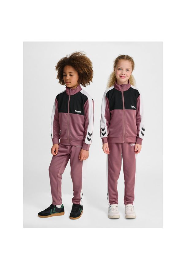 Dziecięcy dres Hummel. Okazja: na uczelnię. Kolor: fioletowy. Materiał: dresówka. Styl: sportowy