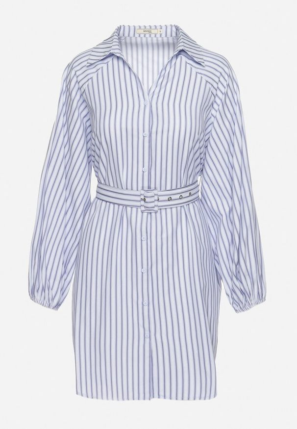Born2be - Niebiesko-Biała Koszulowa Sukienka w Paski z Paskiem i Metalową Klamrą Elaratia. Okazja: do pracy, na spotkanie biznesowe. Kolor: niebieski. Materiał: materiał, bawełna. Wzór: paski. Typ sukienki: koszulowe. Styl: biznesowy