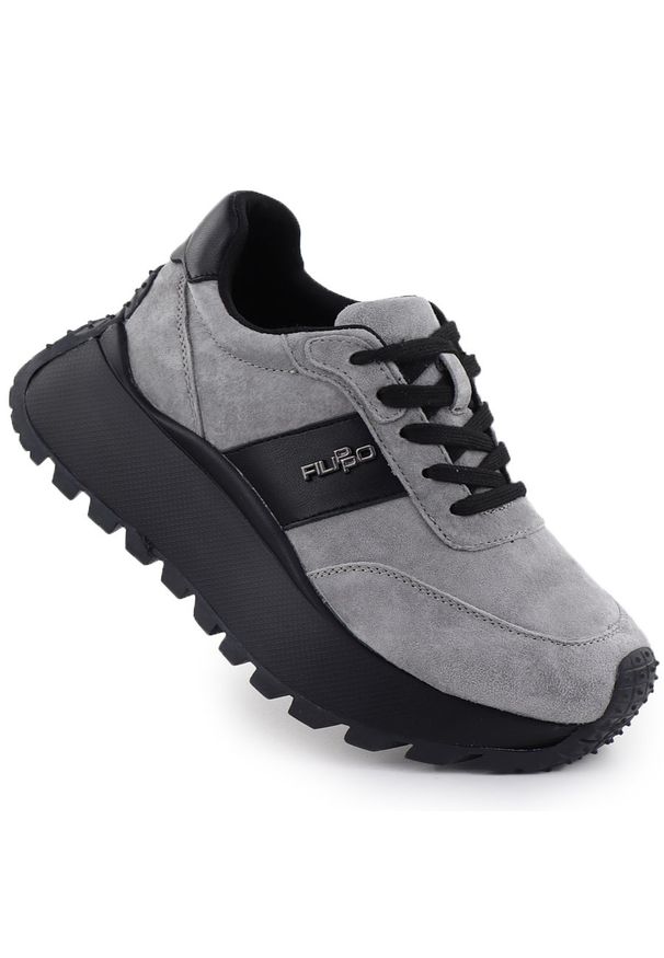 Skórzane półbuty damskie sneakersy na platformie szare Filippo DP6785. Okazja: na co dzień. Kolor: szary. Materiał: skóra. Obcas: na platformie. Styl: casual, sportowy