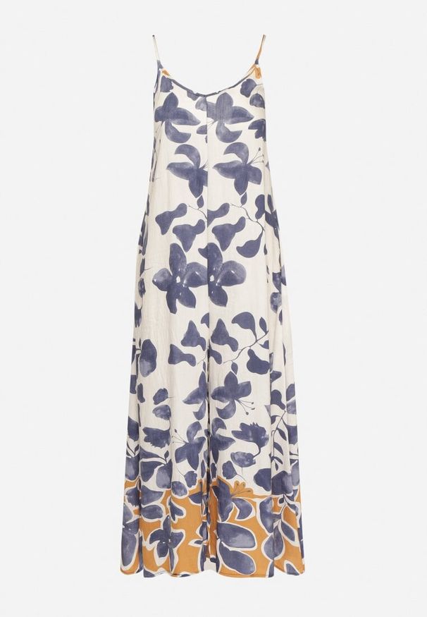 Born2be - Niebiesko-Beżowy Kombinezon z Wiskozą na Ramiączkach z Szeroką Nogawką Iffre. Okazja: na co dzień. Kolor: niebieski. Materiał: wiskoza. Długość rękawa: na ramiączkach. Styl: casual, elegancki, klasyczny