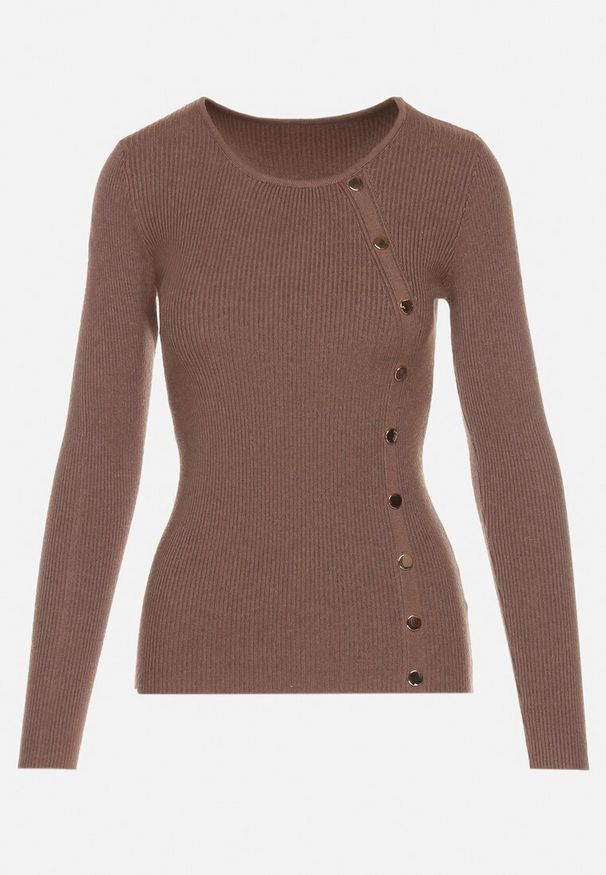 Born2be - Ciemnobrązowy Sweter Ozdobiony Metalowymi Napami Corettina. Okazja: na co dzień. Kolor: brązowy. Materiał: jeans. Wzór: aplikacja. Styl: wizytowy, casual