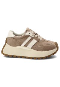 Sneakersy damskie S.Barski, cholewka skóra naturalna zamszowa kontrastowe panele wiązanie klasyczne fason niski zaokrąglony nosek masywna wizualnie p. Kolor: beżowy. Materiał: zamsz, skóra. Szerokość cholewki: normalna. Styl: klasyczny #6