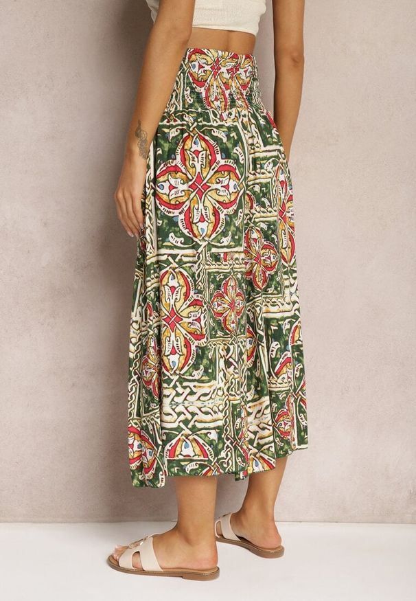 Renee - Zielono-Różowe Spodnie Kuloty z Bawełny High Waist z Gumką w Pasie Palovia. Stan: podwyższony. Kolor: zielony. Materiał: bawełna. Sezon: lato