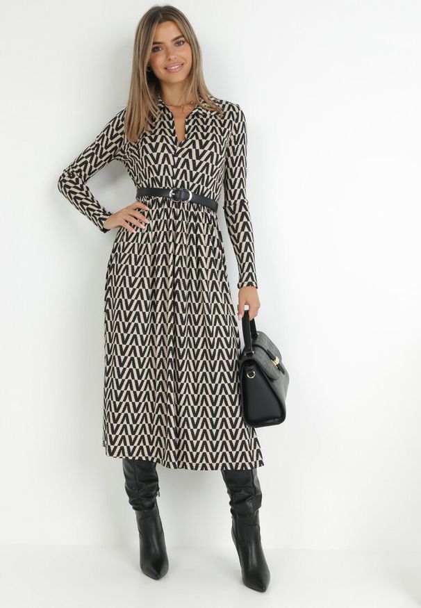 Born2be - Beżowo-Czarna Sukienka w Tygrysie Paski Chalmo. Okazja: na co dzień. Typ kołnierza: dekolt w serek. Kolor: beżowy. Długość rękawa: długi rękaw. Wzór: paski. Typ sukienki: proste. Styl: casual, klasyczny