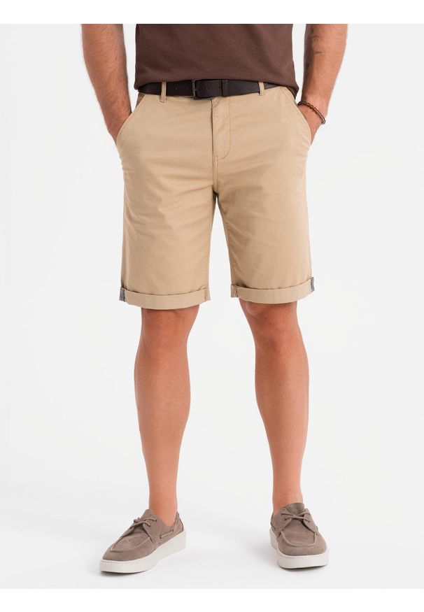 Ombre Clothing - Klasyczne męskie szorty chino z podwiniętą nogawką - beżowe V11 - Rozmiar: M. Kolor: beżowy. Materiał: elastan, bawełna. Sezon: lato. Styl: klasyczny