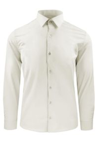 Elegancka Koszula Męska - Victorio - Kolor Kości Słoniowej (Ecru). Okazja: na co dzień. Kolor: beżowy, wielokolorowy, brązowy. Materiał: poliester, bawełna, elastan. Długość rękawa: długi rękaw. Długość: długie. Styl: elegancki #1