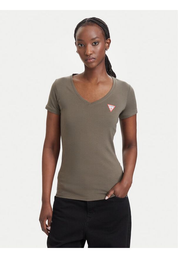Guess T-Shirt W2YI45 J1314 Khaki Slim Fit. Kolor: brązowy. Materiał: bawełna