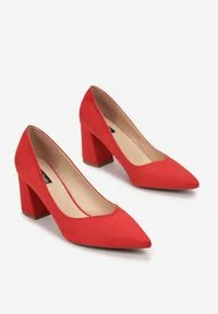 Born2be - Czerwone Czółenka Kaphallis. Nosek buta: szpiczasty. Kolor: czerwony. Szerokość cholewki: normalna. Wzór: geometria, gładki. Obcas: na stożku. Styl: klasyczny #2