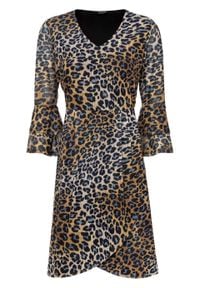 Sukienka kopertowa w cętki leoparda bonprix beżowo-brązowo-szary leo. Kolor: szary. Typ sukienki: kopertowe #1