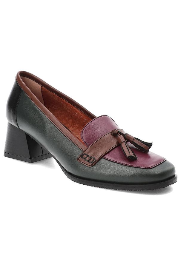 Zielone Półbuty Armodo Eleganckie Skórzane Buty Na Obcasie. Okazja: na co dzień, na spotkanie biznesowe. Kolor: zielony. Materiał: skóra. Wzór: aplikacja. Obcas: na obcasie. Styl: elegancki. Wysokość obcasa: średni
