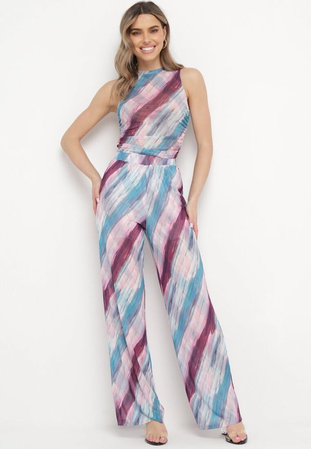 Born2be - Niebiesko-Fioletowe Szerokie Spodnie z Siateczki w Abstrakcyjny Wzór Andiara. Kolor: niebieski