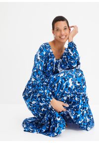 bonprix - Długa sukienka boho z falbanami. Kolor: niebieski. Wzór: kwiaty, nadruk. Styl: boho. Długość: maxi #1